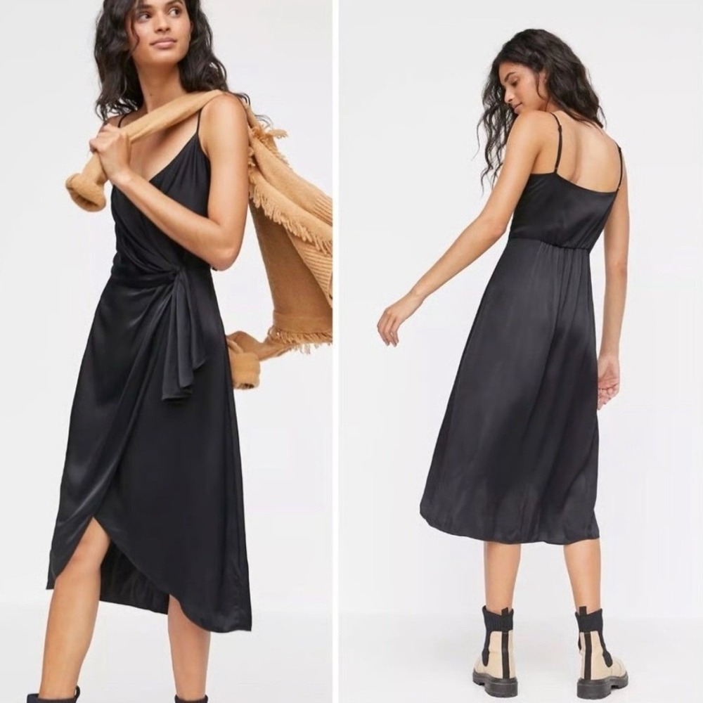 Anthropologie Giverny Midi Dress‎ 4 Black Satin Faux Wrap Slip Adjustable Straps